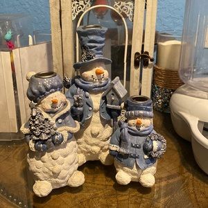 Holiday Three Blue and White Snowman Christmas Candle Holders